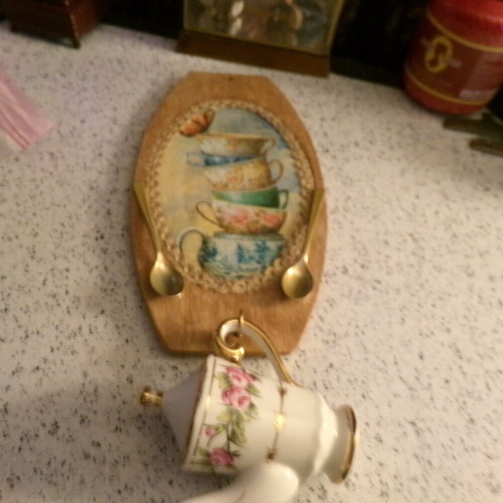 hand made wooden decoration with a victoria garden porcelain fake tea pot